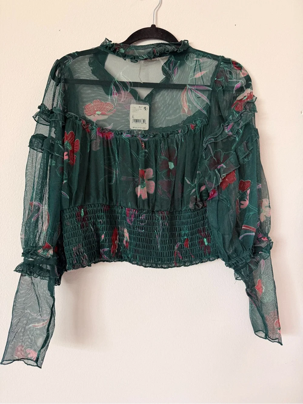 Free People Dark Green Sheer Floral Smocked Blouse NWT